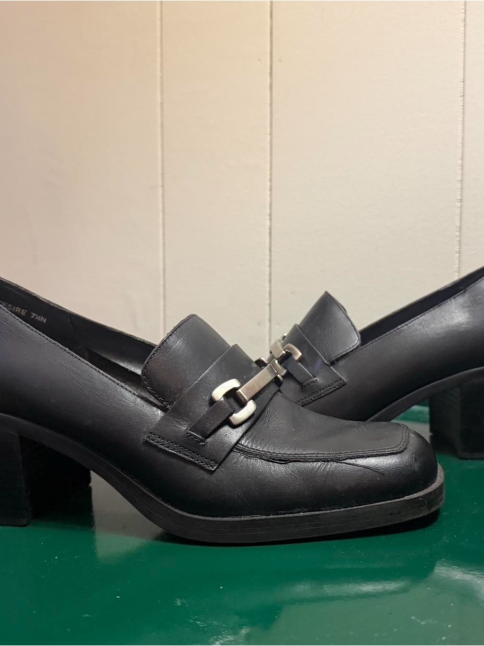 Classic Black Leather Block Heel Loafer